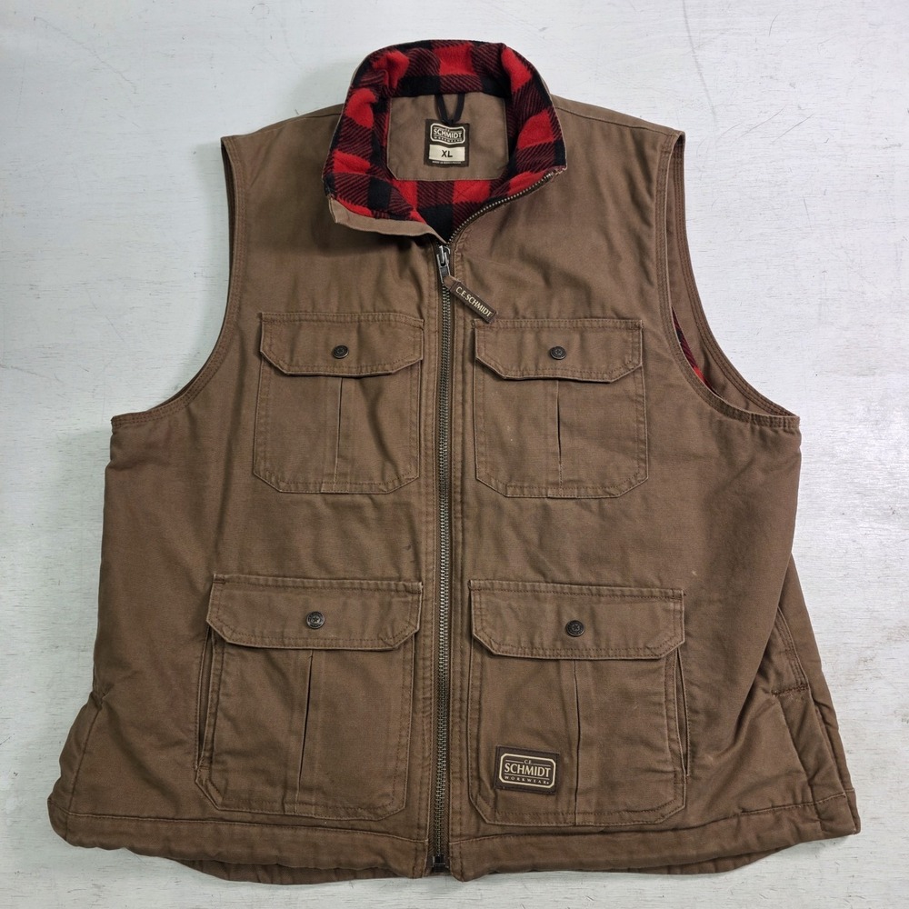 Schmidt Workwear Brown Canvas Red‎ Flannel Lined Full Zip Work Vest Men's Sz XL